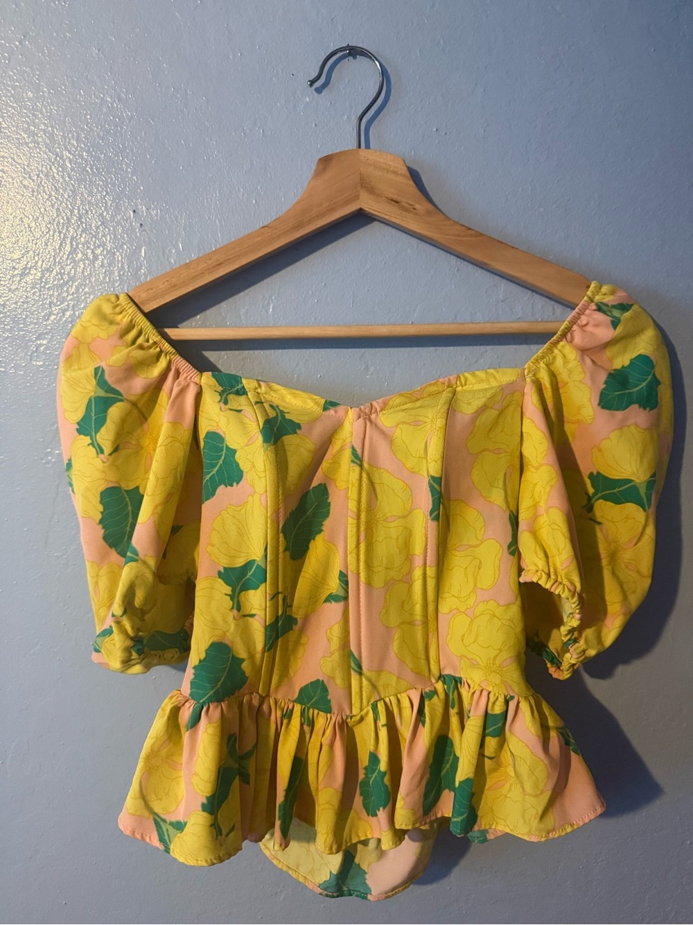 Milk & Honey Off-Shoulder Floral Peplum Top in Yellow and Pink